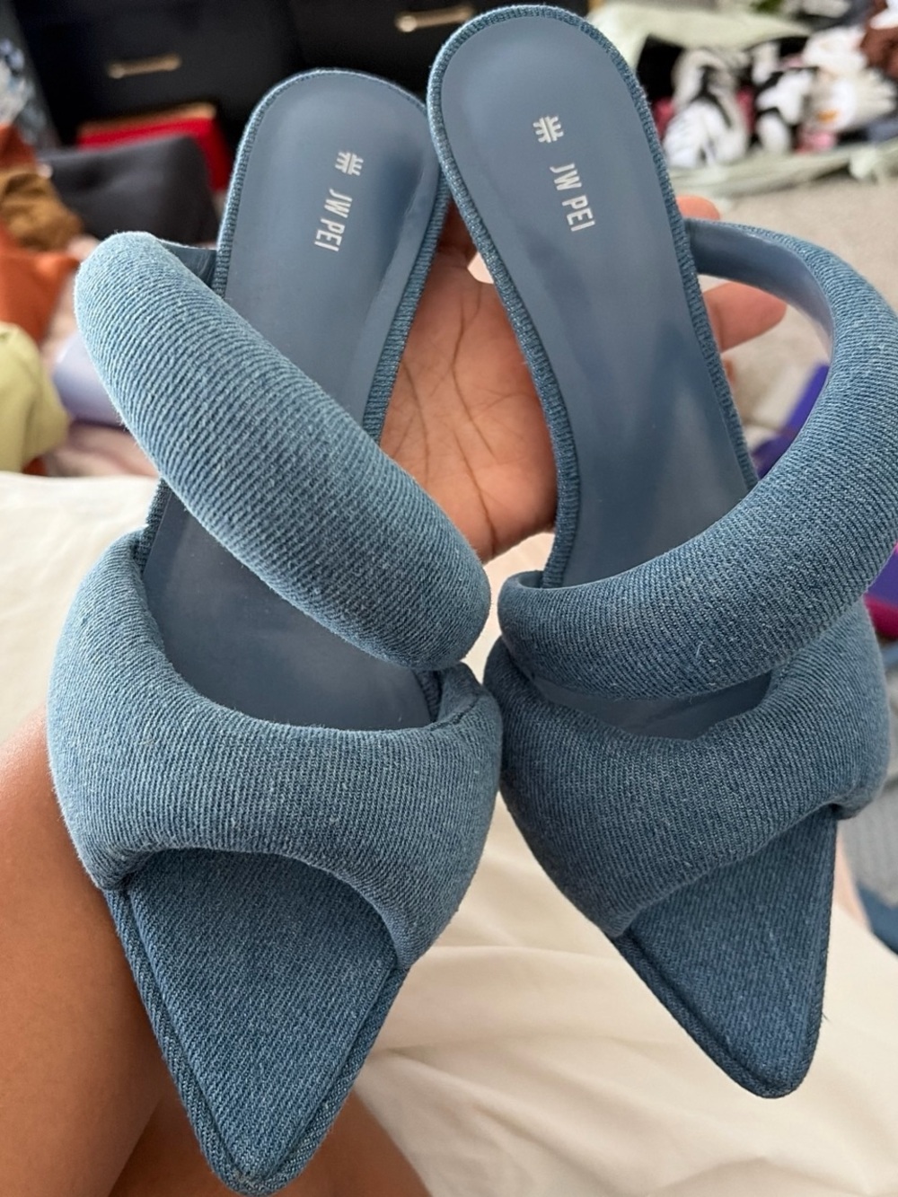 JW PEI Dusty Blue Padded Strap Pointed Mule